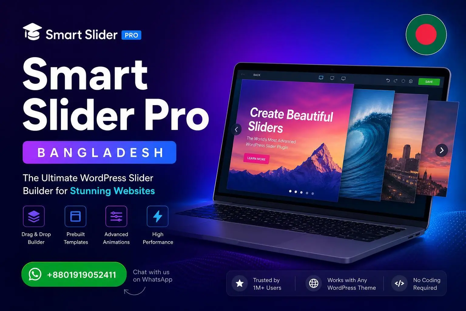 Banner for Smart Slider Pro Bangladesh: laptop displaying colorful slides with bold title text and WhatsApp contact info at bottom left.